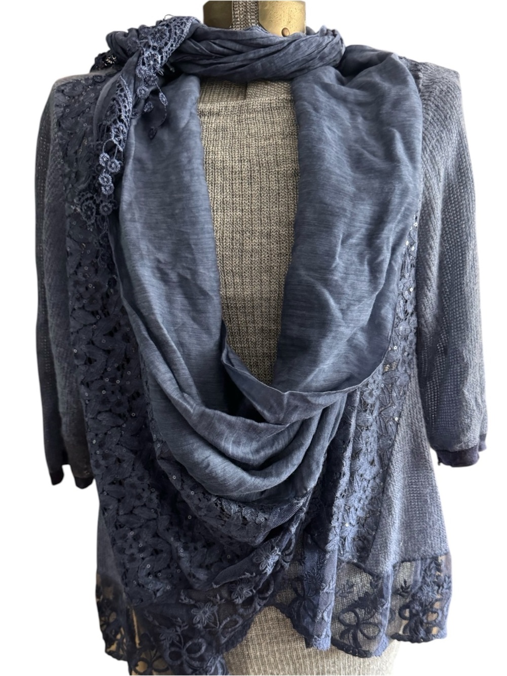 Chambray Blue  Lace Trim Lightweight Draped  Front Cardigan with Scarf